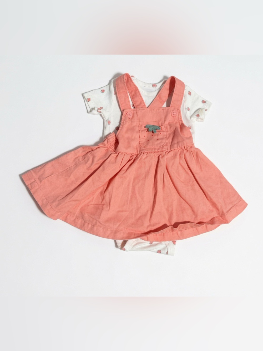 5 for $15! Coral Pink Baby Pinafore Dress with Strawberry Bodysuit